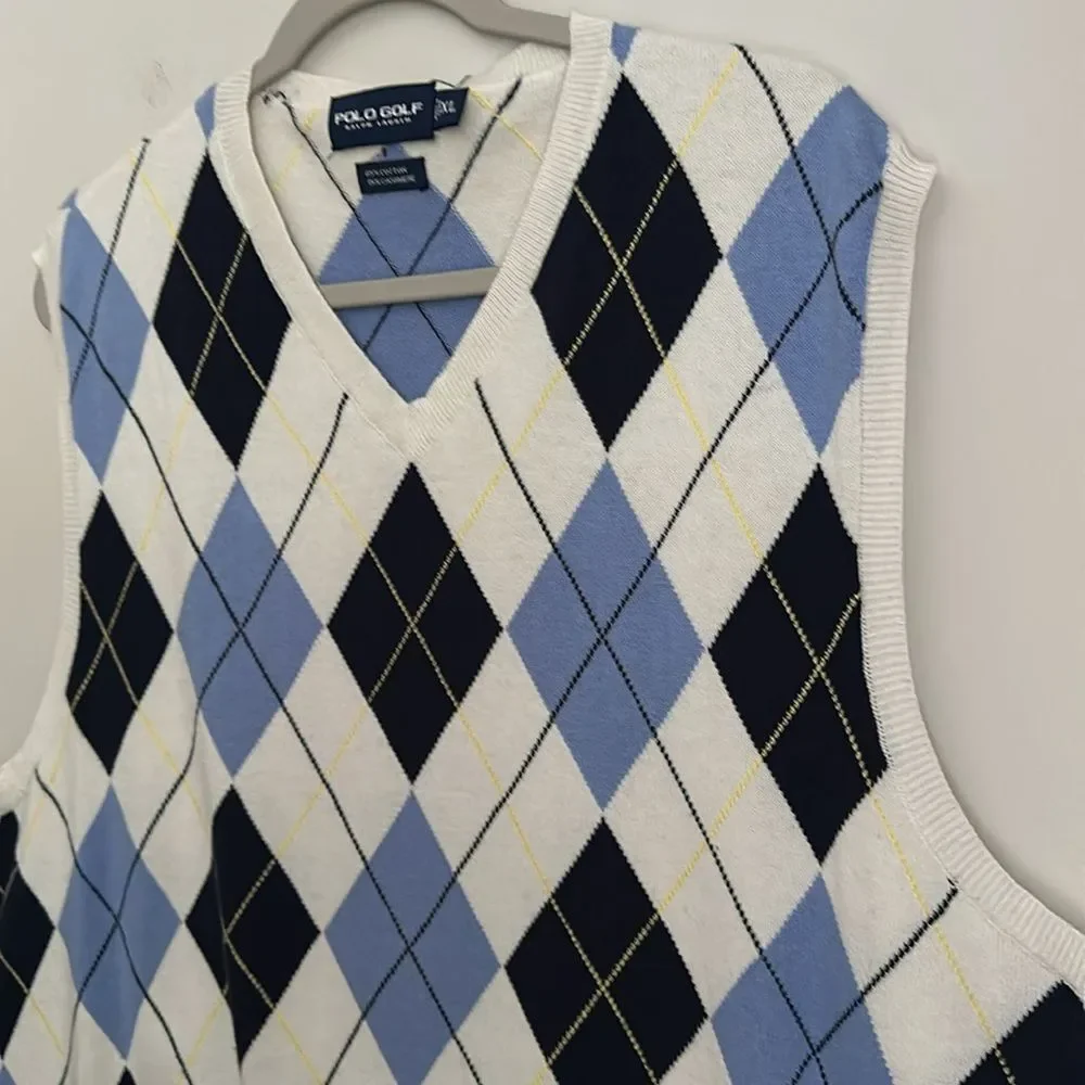 Polo Golf Ralph Lauren Argyle Sweater Vest Men's XL Blue/White Diamond Knit